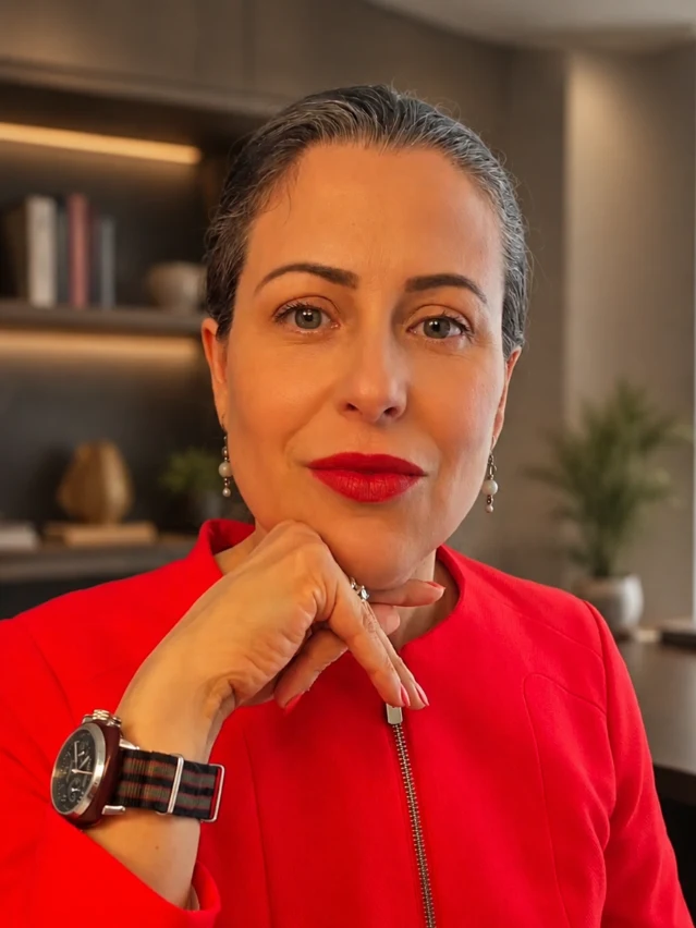 Fabiana Pereira Hotz in a red jacket, resting her chin on her hand in a book-lined office.