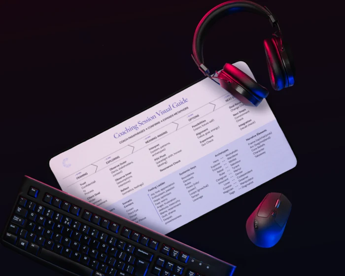A Claristrat desk mat printed with the Coaching Session Visual Guide, shown on a desk with a keyboard, mouse and headphones.